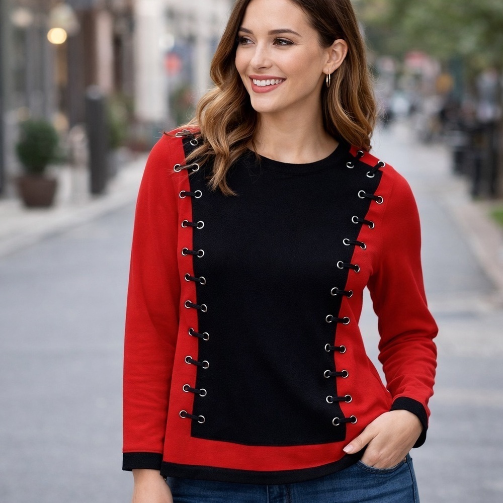 Elena Wang Red Black Lace Up Grommet Colorblock Knit Top Size Large Rockabilly - Picture 2 of 7
